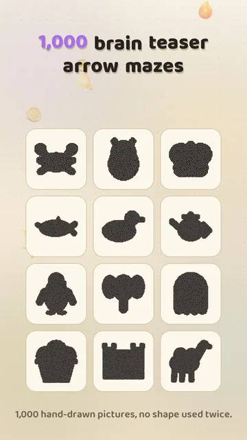 Twelve Arrow Doodle level silhouettes — a cat, an owl, a turtle and more — drawn from real level data.