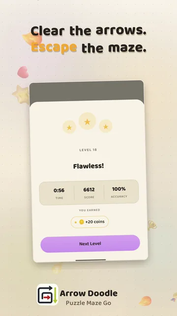 Arrow Doodle's win screen on a completed turtle level, showing three stars.