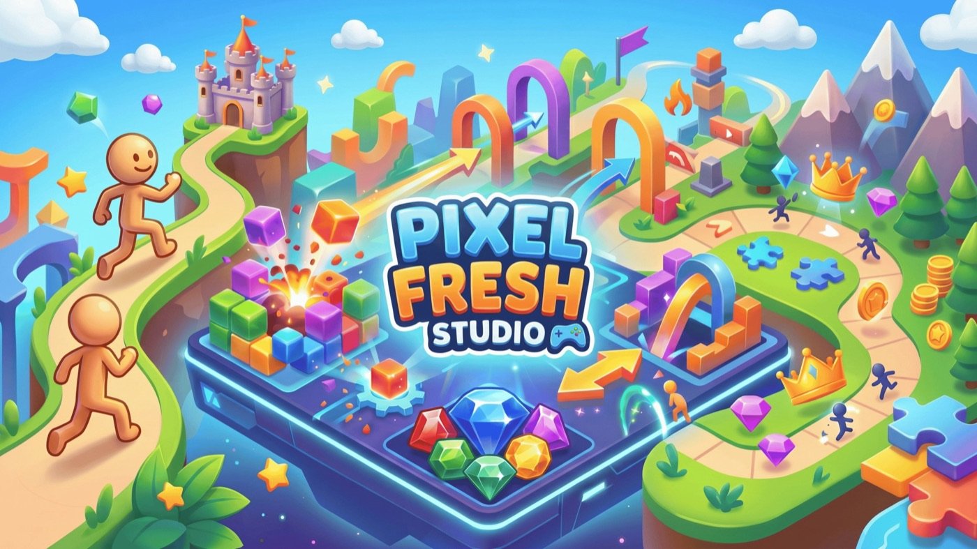 Pixel Fresh Studio key art: bright
               blocks and gems tumbling through a clear blue sky.